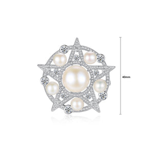 Simple and Elegant Geometric Round Star Imitation Pearl Brooch with Cubic Zirconia