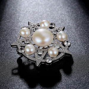 Simple and Elegant Geometric Round Star Imitation Pearl Brooch with Cubic Zirconia