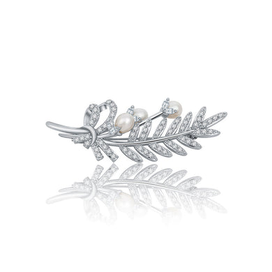 Simple Temperament Leaf Imitation Pearl Brooch with Cubic Zirconia
