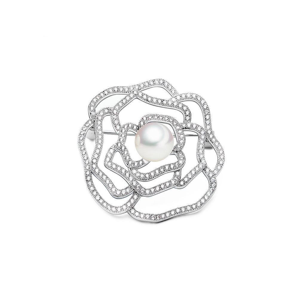 Simple and Elegant Hollow Flower Imitation Pearl Brooch with Cubic Zirconia