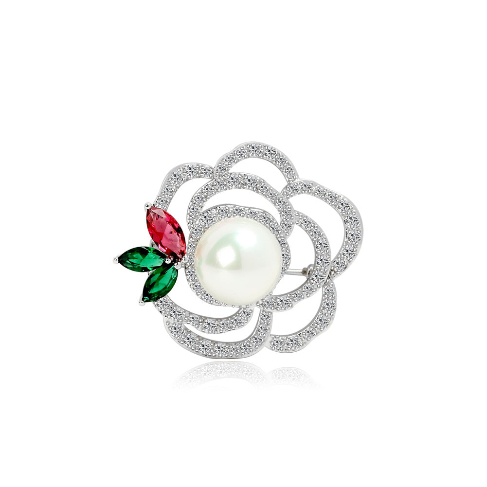Elegant and Simple Hollow Flower Imitation Pearl Brooch with Cubic Zirconia