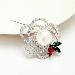 Elegant and Simple Hollow Flower Imitation Pearl Brooch with Cubic Zirconia