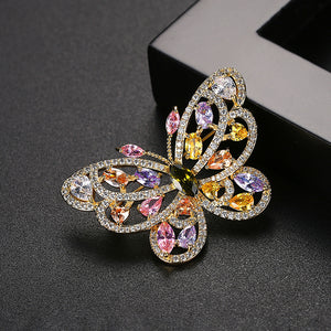 Fashion and Elegant Plated Gold Butterfly Brooch with Colorful Cubic Zirconia
