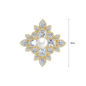 Fashion and Elegant Plated Gold Geometric Pattern Imitation Pearl Brooch with Cubic Zirconia