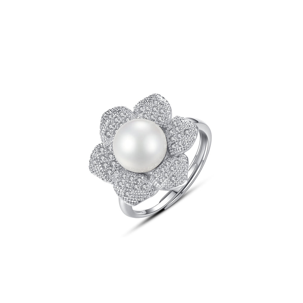 Simple and Elegant Flower Imitation Pearl Adjustable Ring with Cubic Zirconia