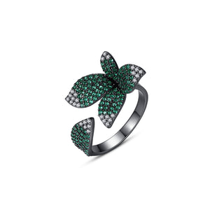 Fashion Simple Plated Black Leaf Green Cubic Zirconia Adjustable Open Ring
