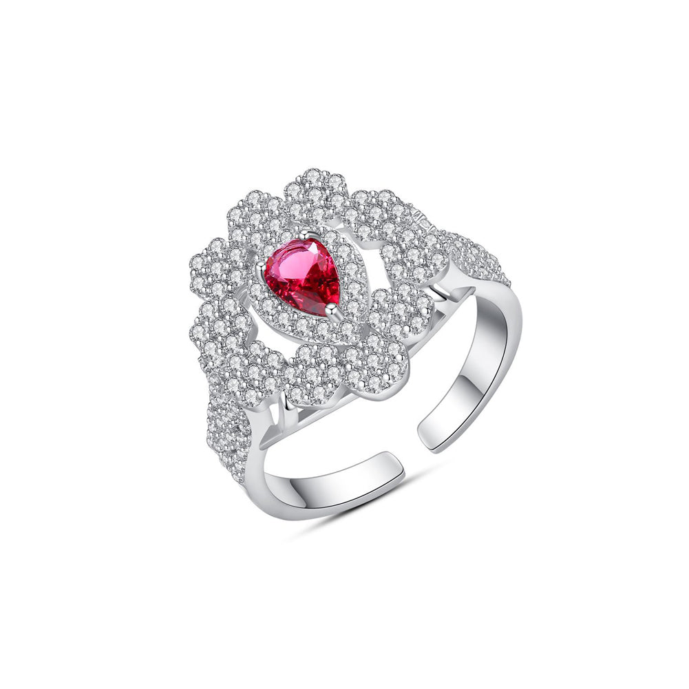 Elegant and Bright Geometric Pattern Adjustable Open Ring with Red Cubic Zirconia