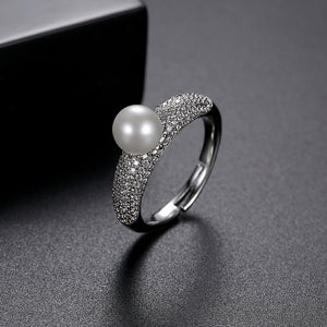 Elegant and Bright Geometric Imitation Pearl Adjustable Ring with Cubic Zirconia