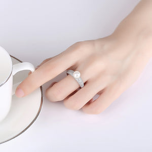 Elegant and Bright Geometric Imitation Pearl Adjustable Ring with Cubic Zirconia