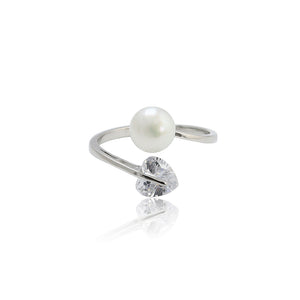 925 Sterling Silver Fashion Simple Heart-shaped Cubic Zirconia Freshwater Pearl Adjustable Ring