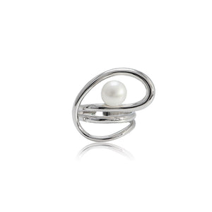 925 Sterling Silver Simple Personality Geometric White Freshwater Pearl Adjustable Ring