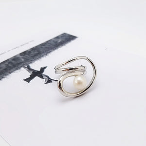925 Sterling Silver Simple Personality Geometric White Freshwater Pearl Adjustable Ring