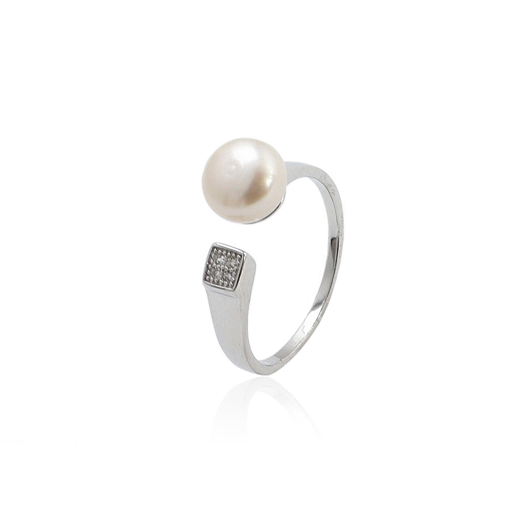 925 Sterling Silver Simple Fashion Geometric Freshwater Pearl Adjustable Opening Ring
