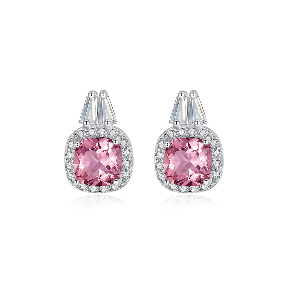 925 Sterling Silver Fashion and Elegant Geometric Square Stud Earrings with Pink Cubic Zirconia