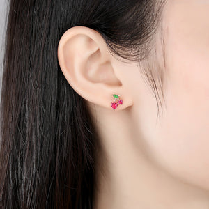 925 Sterling Silver Plated Rose Gold Simple Cute Cherry Stud Earrings with Pink Cubic Zirconia