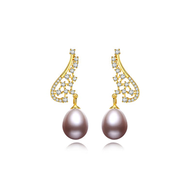 925 Sterling Silver Plated Gold Simple Fashion Geometric Purple Freshwater Pearl Earrings with Cubic Zirconia