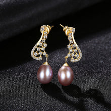 Load image into Gallery viewer, 925 Sterling Silver Plated Gold Simple Fashion Geometric Purple Freshwater Pearl Earrings with Cubic Zirconia