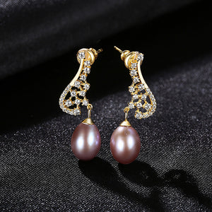 925 Sterling Silver Plated Gold Simple Fashion Geometric Purple Freshwater Pearl Earrings with Cubic Zirconia
