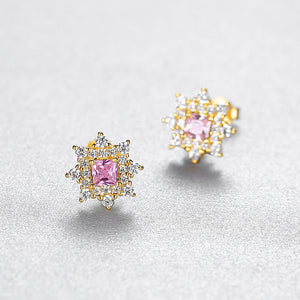 925 Sterling Silver Plated Gold Simple Personality Star Stud Earrings with Pink Cubic Zirconia
