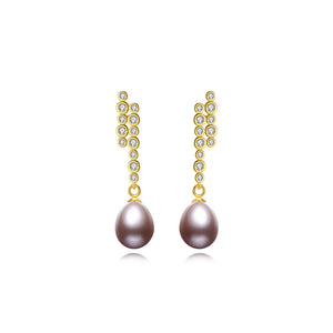 925 Sterling Silver Plated Gold Fashion and Elegant Geometric Purple Freshwater Pearl Earrings with Cubic Zirconia