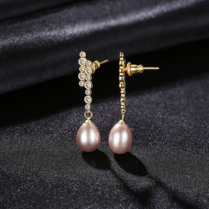 925 Sterling Silver Plated Gold Fashion and Elegant Geometric Purple Freshwater Pearl Earrings with Cubic Zirconia