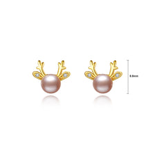 Load image into Gallery viewer, 925 Sterling Silver Plated Gold Simple and Delicate Deer Purple Freshwater Pearl Stud Earrings with Cubic Zirconia