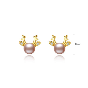 925 Sterling Silver Plated Gold Simple and Delicate Deer Purple Freshwater Pearl Stud Earrings with Cubic Zirconia