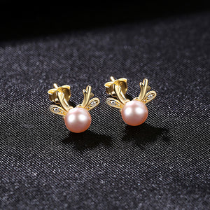 925 Sterling Silver Plated Gold Simple and Delicate Deer Purple Freshwater Pearl Stud Earrings with Cubic Zirconia