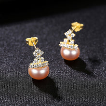 Load image into Gallery viewer, 925 Sterling Silver Plated Gold Elegant Fashion Geometric Purple Freshwater Pearl Stud Earrings with Cubic Zirconia