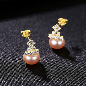 925 Sterling Silver Plated Gold Elegant Fashion Geometric Purple Freshwater Pearl Stud Earrings with Cubic Zirconia