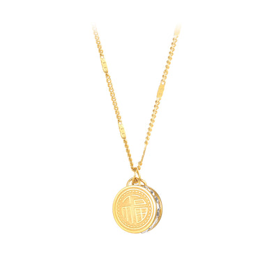 Fashion and Creative Plated Gold Geometric Round Blessing 316L Stainless Steel Pendant with Cubic Zirconia and Necklace