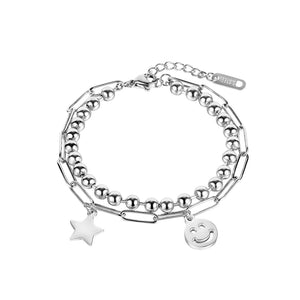 Fashion Personality Star Smiley Expression 316L Stainless Steel Round Bead Double Bracelet