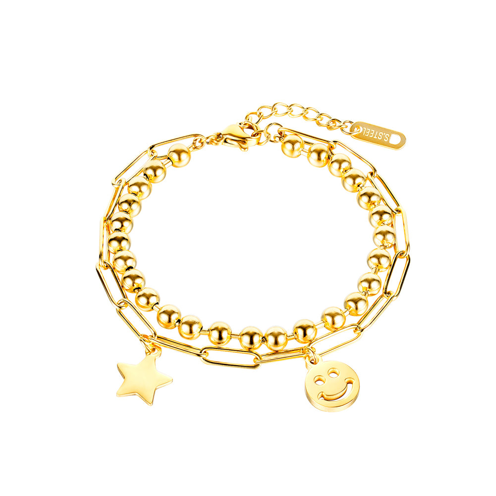 Fashion Personality Plated Gold Star Smiley Expression 316L Stainless Steel Round Bead Double-layer Bracelet