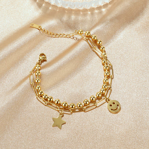 Fashion Personality Plated Gold Star Smiley Expression 316L Stainless Steel Round Bead Double-layer Bracelet