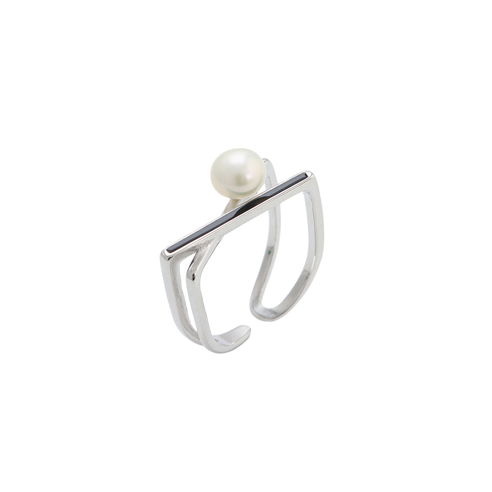 925 Sterling Silver Fashion Simple Cross White Freshwater Pearl Adjustable Open Ring