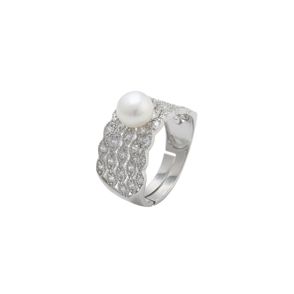 925 Sterling Silver Elegant Fashion Geometric Texture White Freshwater Pearl Adjustable Ring