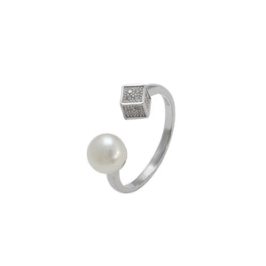 925 Sterling Silver Simple Fashion Geometric Square Adjustable Opening Ring with White Freshwater Pearls