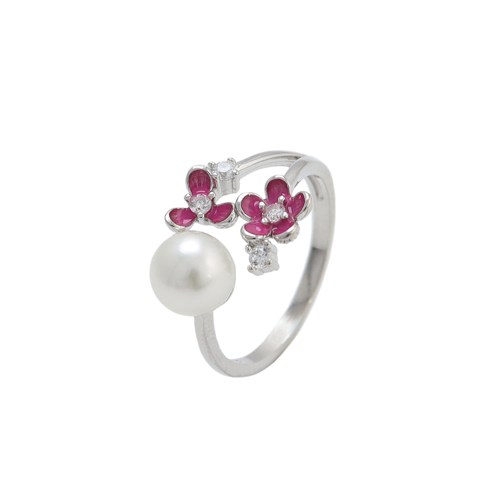 925 Sterling Silver Fashion Elegant Flower White Freshwater Pearl Adjustable Open Ring