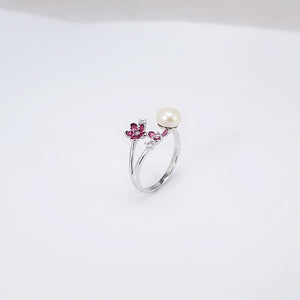 925 Sterling Silver Fashion Elegant Flower White Freshwater Pearl Adjustable Open Ring