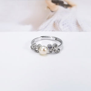 925 Sterling Silver Simple Fashion Geometric Round White Freshwater Pearl Adjustable Ring