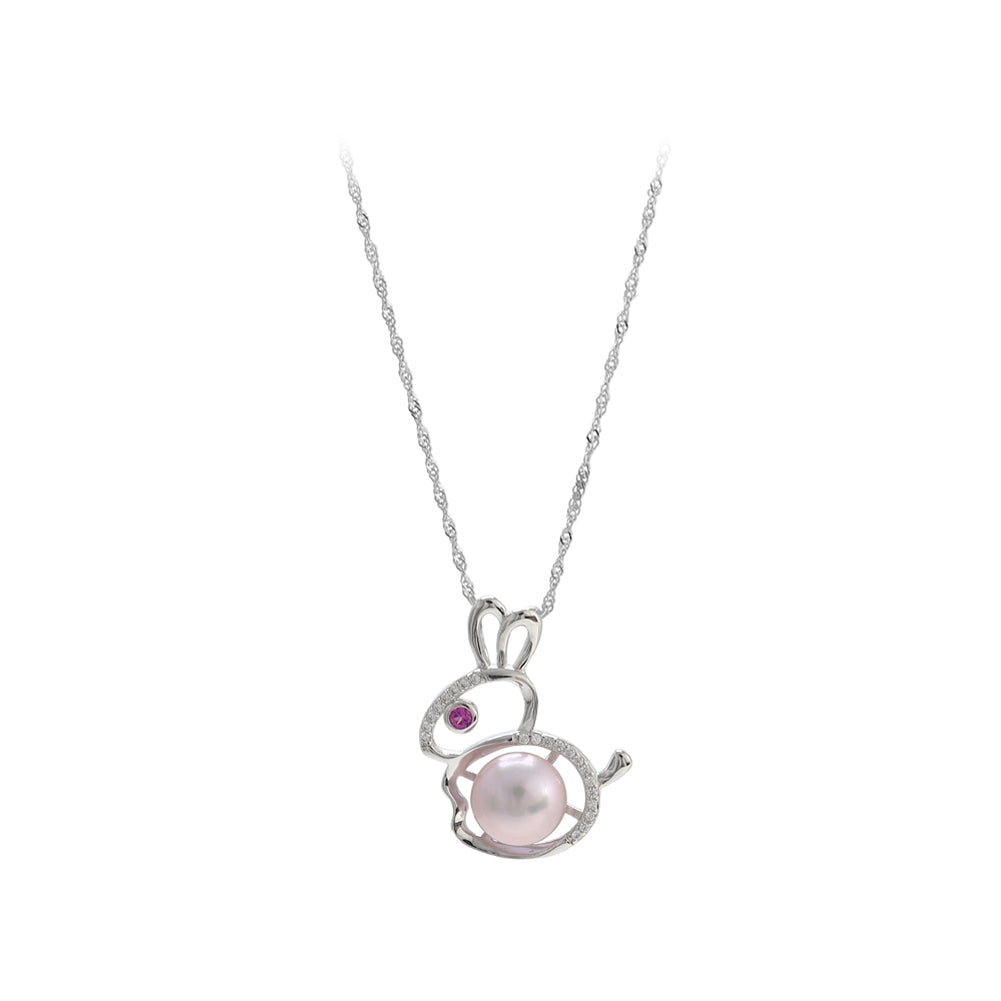 925 Sterling Silver Simple Cute Rabbit Purple Freshwater Pearl Pendant with Cubic Zirconia and Necklace