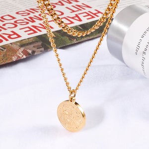 Fashion Simple Plated Gold Geometric Round Queen Coin 316L Stainless Steel Pendant with Double Necklace