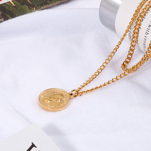 Fashion Simple Plated Gold Geometric Round Queen Coin 316L Stainless Steel Pendant with Double Necklace