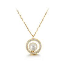 Load image into Gallery viewer, Simple and Fashion Plated Gold Geometric Round Pearl 316L Stainless Steel Pendant with Cubic Zirconia and Necklace