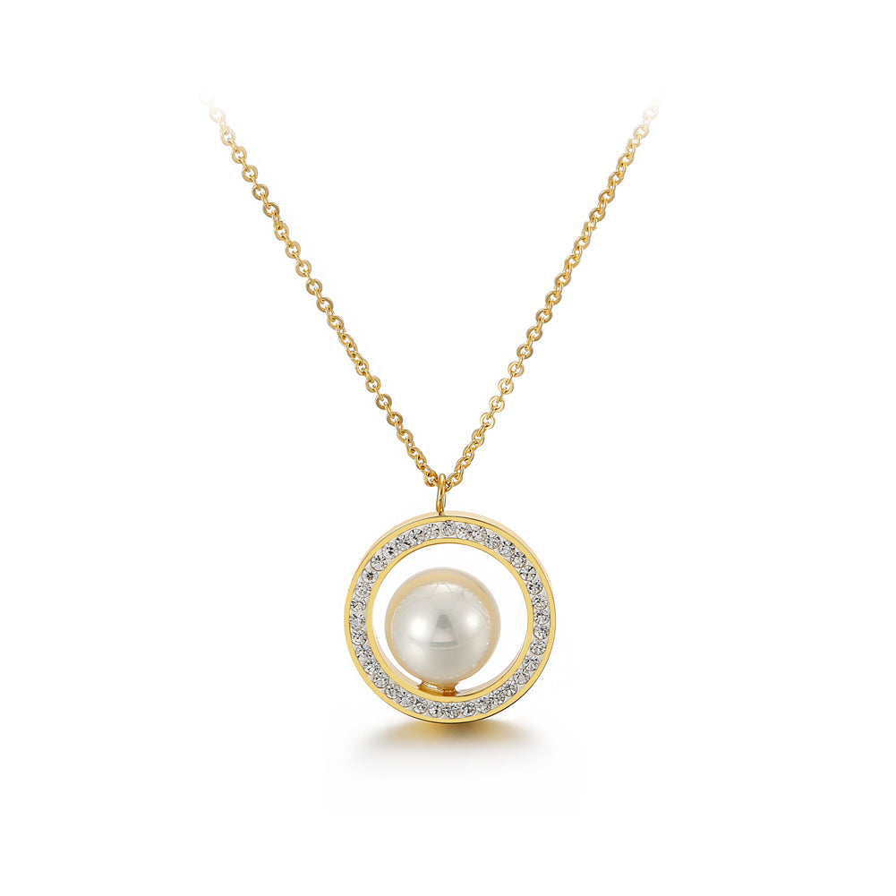 Simple and Fashion Plated Gold Geometric Round Pearl 316L Stainless Steel Pendant with Cubic Zirconia and Necklace