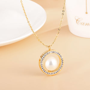 Simple and Fashion Plated Gold Geometric Round Pearl 316L Stainless Steel Pendant with Cubic Zirconia and Necklace
