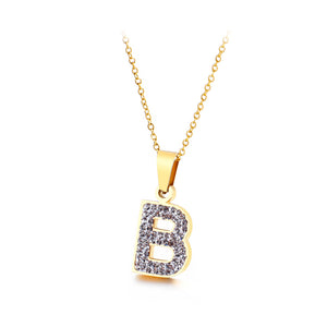 Fashion and Simple Plated Gold English Alphabet B 316L Stainless Steel Pendant with Cubic Zirconia and Necklace