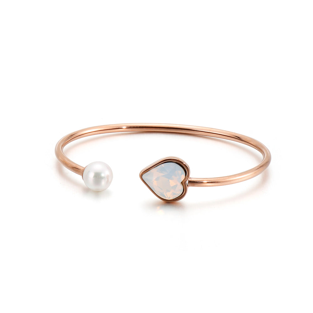 Simple Fashion Plated Rose Gold White Heart-shaped Cubic Zirconia Imitation Pearl 316L Stainless Steel Bangle