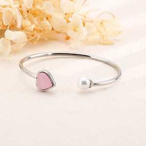 Fashion Simple Heart-shaped Pink Cubic Zirconia Imitation Pearl 316L Stainless Steel Bangle