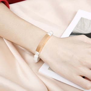 Fashion and Elegant Rose Gold 316L Stainless Steel Rectangular Imitation Pearl Beaded Bracelet